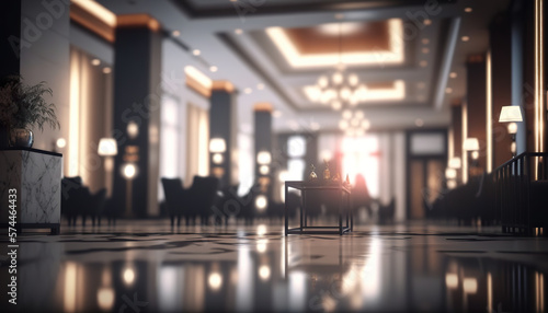 Defocused abstract empty hotel lobby interior. Generative AI