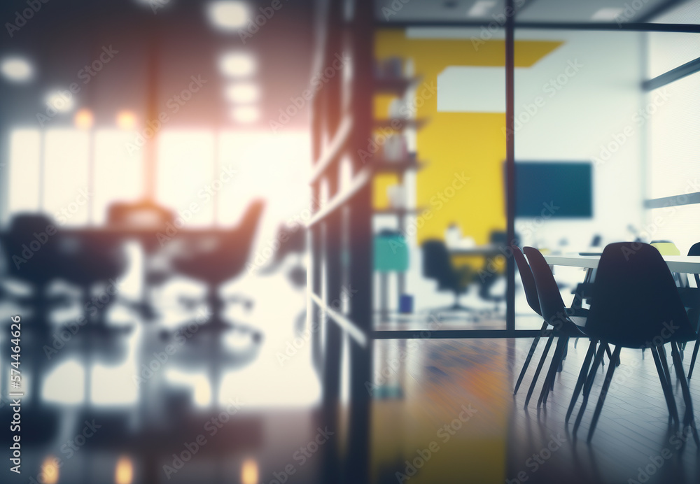 Defocused business office, late afternoon, tables and chairs. Blurred of office - ideal for presentation background. Generative AI Defocused business office, late afternoon, tables and chairs. Blurred of office - ideal for presentation background. Generative AI