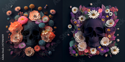 Spring floral abstract composition with a black scull, colorful flowers, floral art, beautiful spring art, collection, dark background with leaves