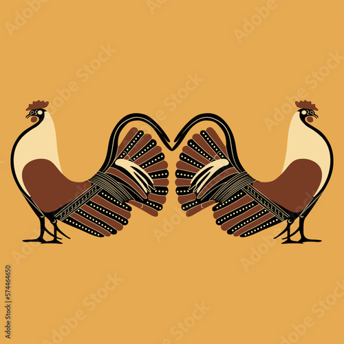 Symmetrical animal design with two roosters. Ancient Greek vase panting style. Isolated vector illustration. On yellow orange background.