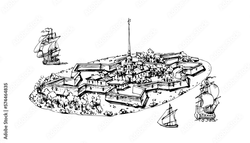 Petropavlovskaya fortress on Zayachy Island in St. Petersburg. Vector illustration in black ink, isolated on a white background in the style of an engraving.