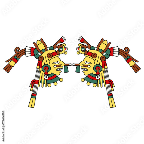 Symmetrical ethnic design with two ancient Mexican Aztec gods or goddesses. Codex illustration. Native American art. Isolated vector illustration.