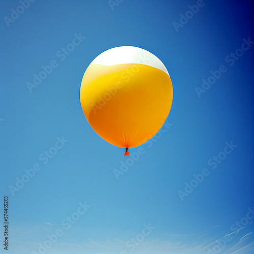 A single yellow balloon soaring high in the clear blue sky.