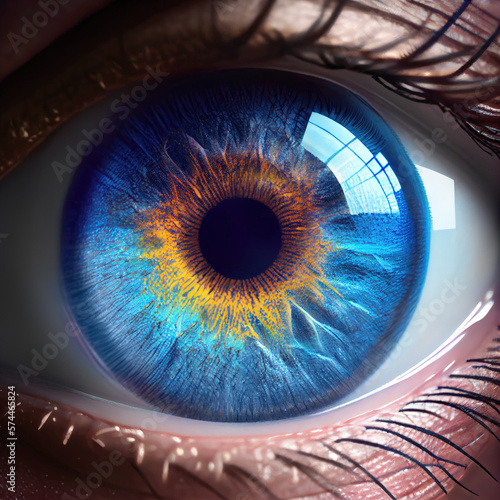 Human blue eye realistic beautiful closeup zoom, created by Generative AI