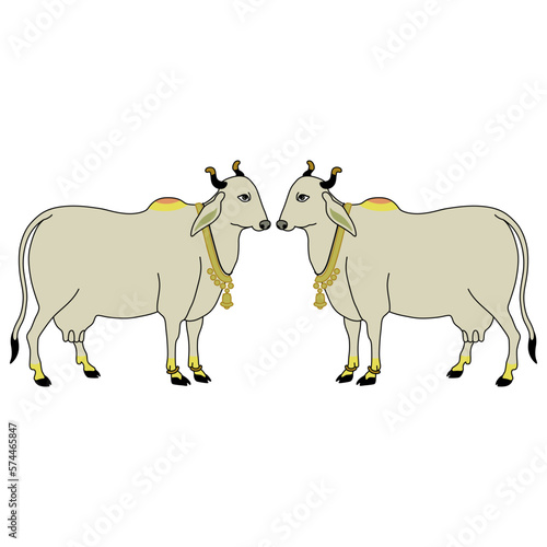 Symmetrical animal design with two standing white Indian cows. Sacred Hindu animal.