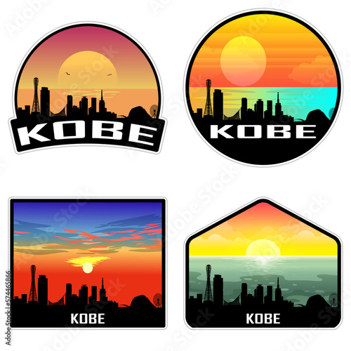 Kobe Japan Skyline Silhouette Retro Vintage Sunset Kobe Lover Travel Souvenir Sticker Vector Illustration SVG EPS AI