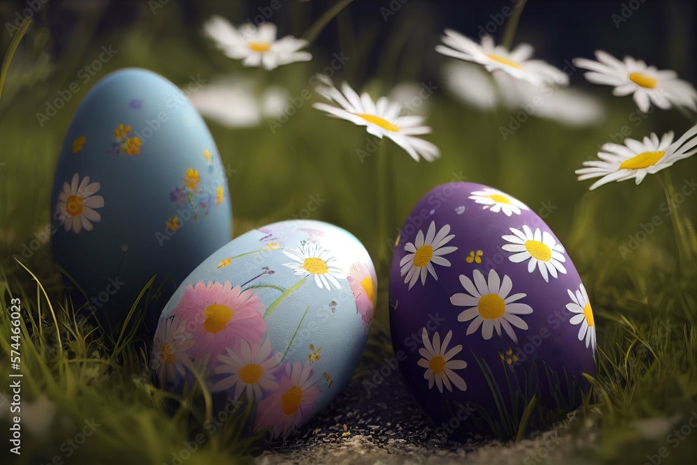 Easter eggs between daisies. Created using artificial intelligence.
