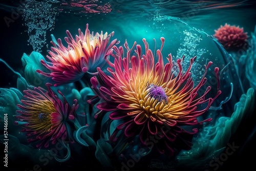 Abstract underwater colorful flowers. Illustration AI