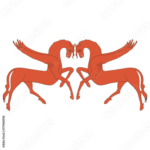 Symmetrical animal design with two red winged horses. Medieval Russian folk style. Pegasus. Isolated vector illustration. On white background.