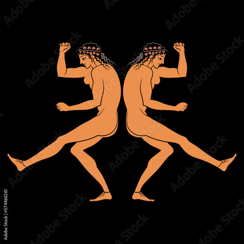 Symmetrical design with two dancing naked ancient Greek woman back to back. Vase painting style. On black background.