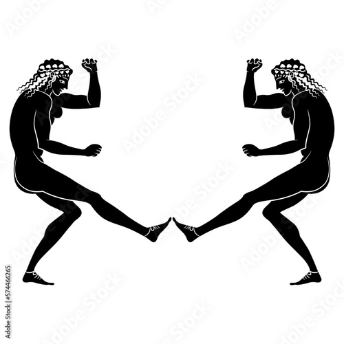 Symmetrical ethnic design with two naked ancient Greek girls. Black and white silhouette. Vase painting style.