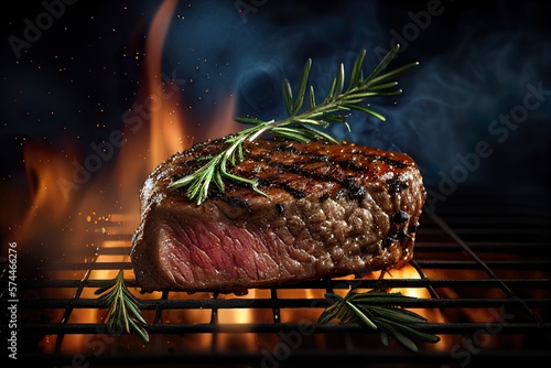 Wagyu rib-eye beef steak with spices rosemary closeup on grill, AI generative illustration