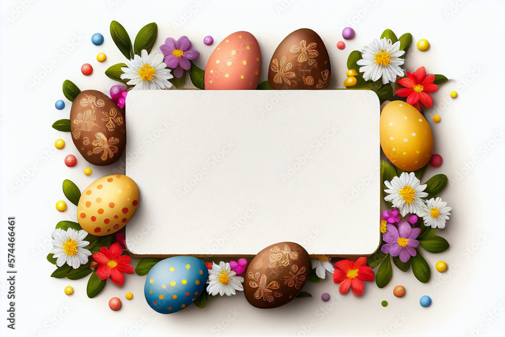 Beautiful Easter eggs with copy space on white background. Illustration AI Beautiful Easter eggs with copy space on white background. Illustration AI