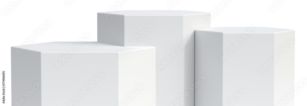 Three white hexagon columns for product placement isolated on transparent background Three white hexagon columns for product placement isolated on transparent background