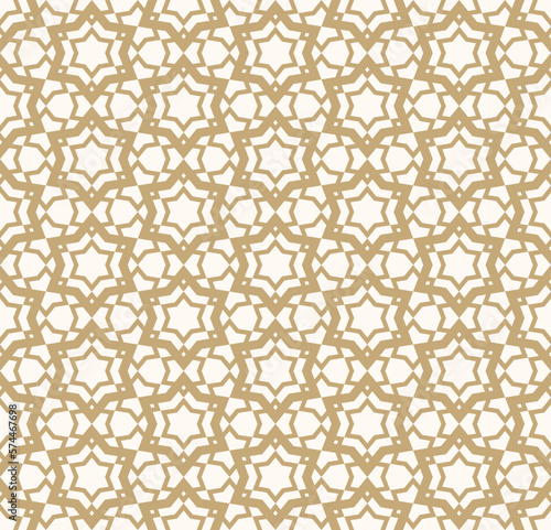 Abstract golden vector geometric seamless pattern. Traditional oriental ornament with stars, mesh, grid, lattice, flower silhouettes. Simple luxury gold and white background. Elegant repeat geo design
