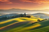 Springtime sundown in Tuscany with wave hills, cypress trees, and stunning sky colors. Tuscany, Europe, and Italy. Generative AI