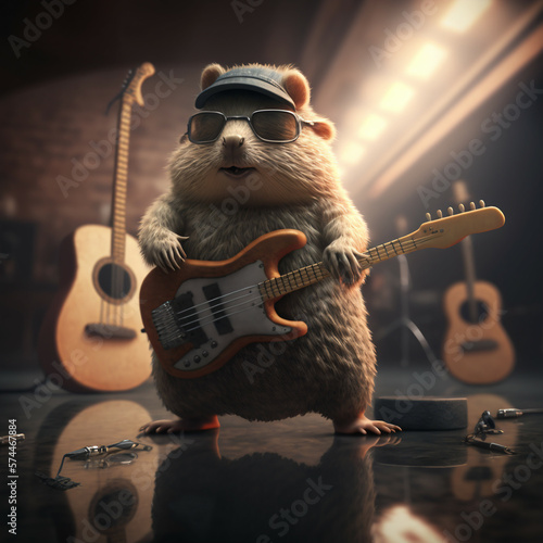 Epic rocker beaver with guitar, Generative AI