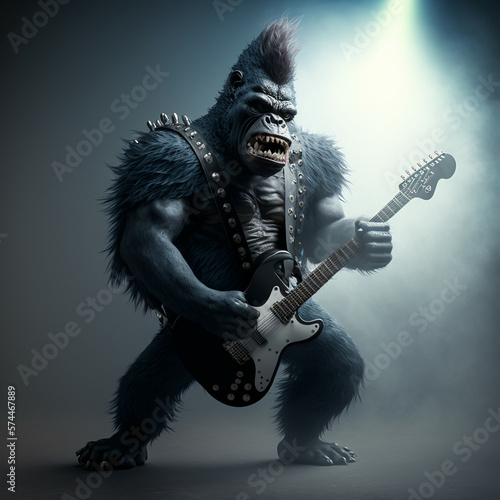 Epic rocker gorilla with guitar, Generative AI