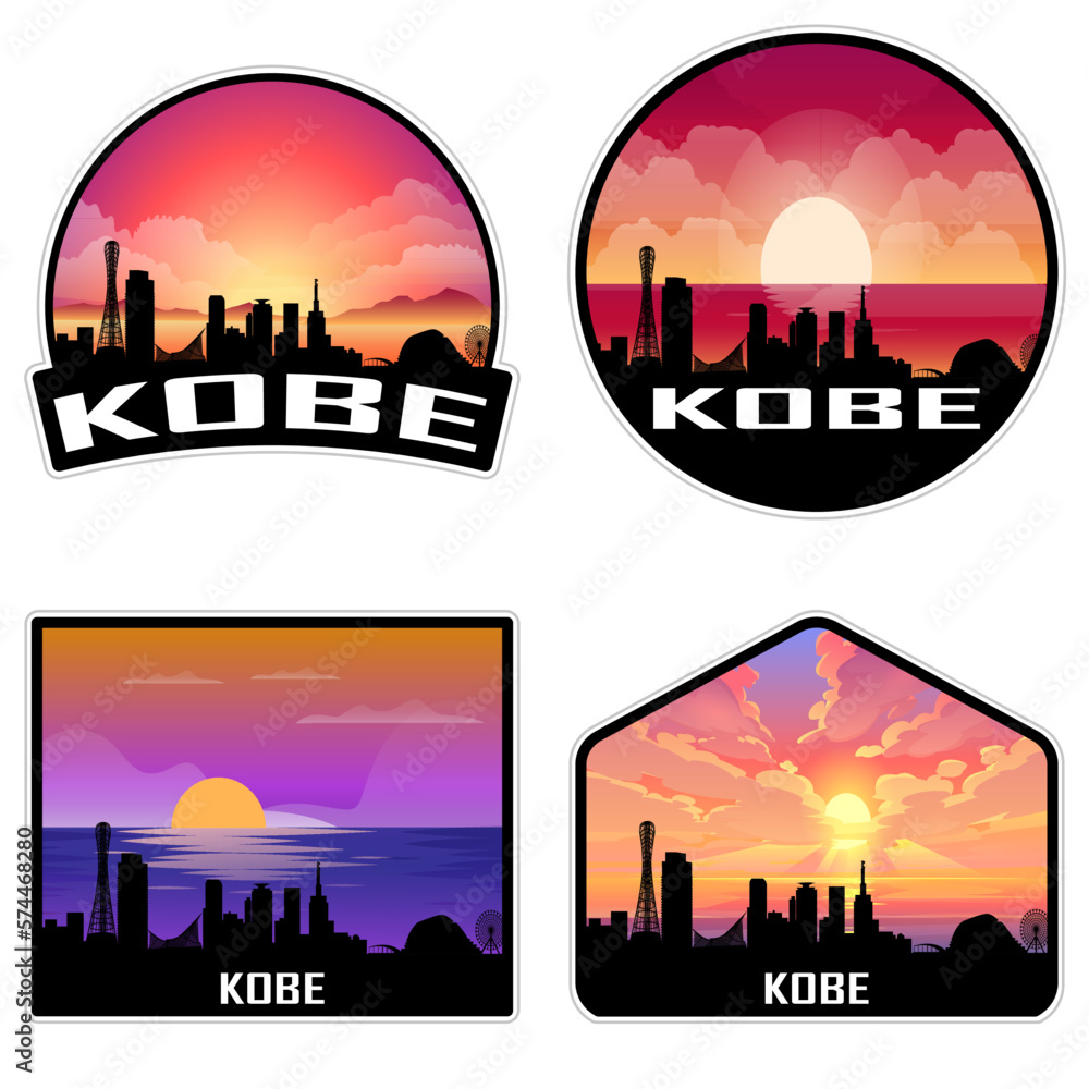Kobe Japan Skyline Silhouette Retro Vintage Sunset Kobe Lover Travel Souvenir Sticker Vector Illustration SVG EPS AI