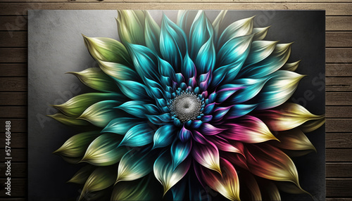 picture of a colorful flower on a canvas, picture hanging on a wooden wall