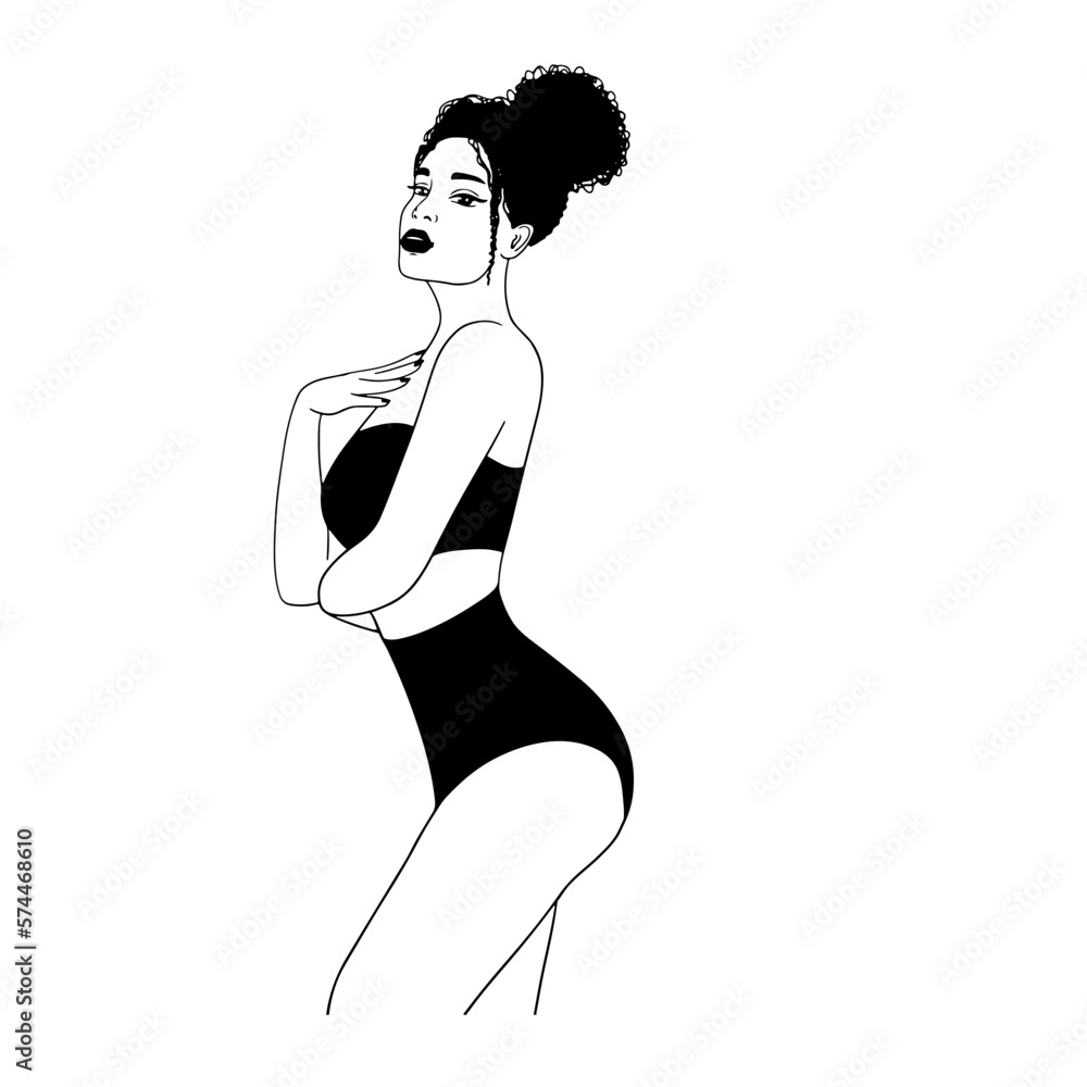 Girl in black lingerie standing sideways linear vector illustration. Pretty woman in black swimsuit with curly bun hair vector outline. Design for fashion, lingerie, swimsuits poster, card, web design Girl in black lingerie standing sideways linear vector illustration. Pretty woman in black swimsuit with curly bun hair vector outline. Design for fashion, lingerie, swimsuits poster, card, web design