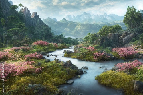 Fototapeta Garden of Eden untouched nature landscape with mountains and a river