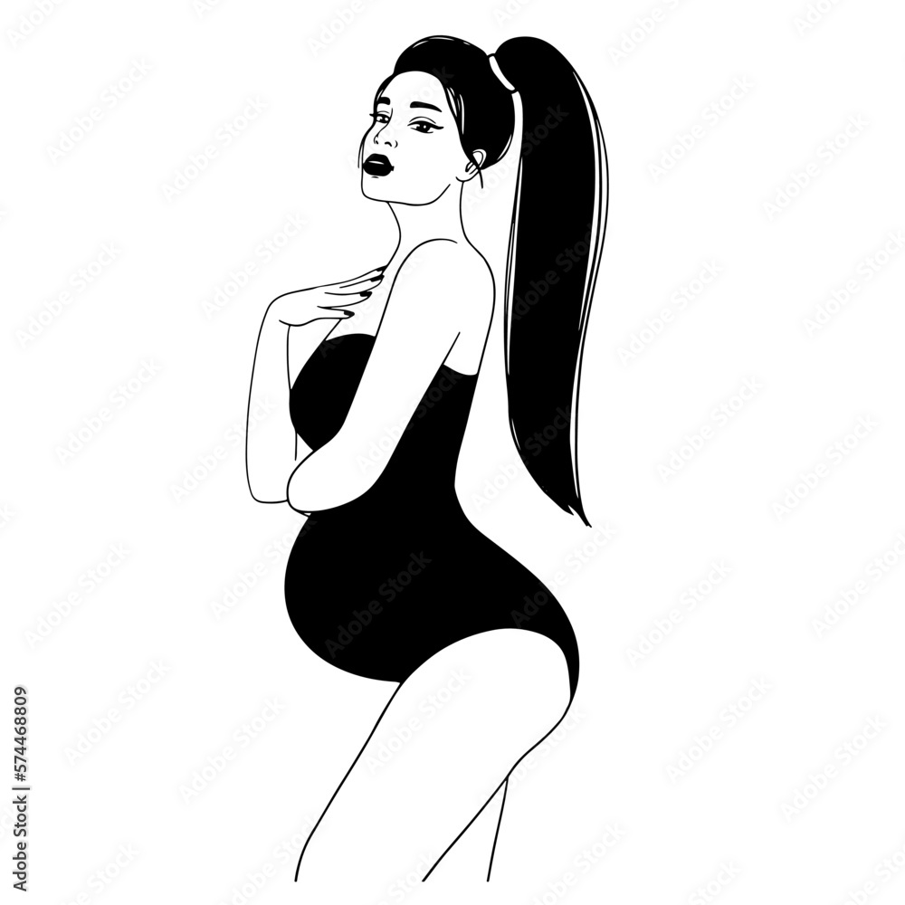 Pregnant woman in black lingerie standing sideways outline vector illustration. Pretty pregnant woman in black swimsuit with ponny tail hair vector linear illustration. Pregnant woman in black lingerie standing sideways outline vector illustration. Pretty pregnant woman in black swimsuit with ponny tail hair vector linear illustration.