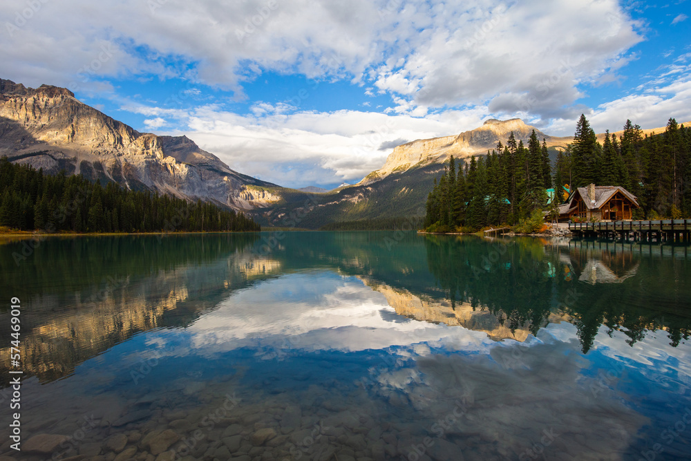 Panoramic view of the world famous Lake Louise from shore line to Victoria Glacier. From the boat rental house to the shore the Chateau Lake Louise.