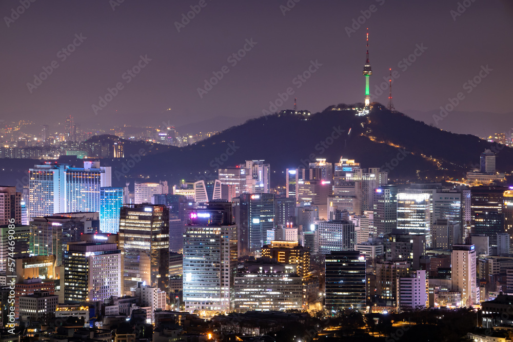 Night view of downtown Seoul skyline, from the top of a hill, South Korea	