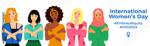 Embrace Equity is theme of International Women's Day 2023. Multicultural women are hugging themself. Love yourself concept. Great for banner, poster, web, landing page, template, social media. Vector