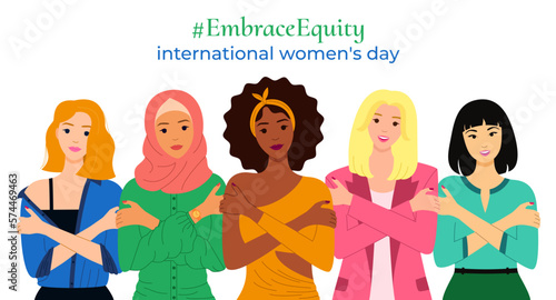 Embrace Equity banner. International Women's Day 2023. Multicultural women are hugging themself. Love yourself concept. Great for poster, web, landing page, template, social media, mobile app. Vector