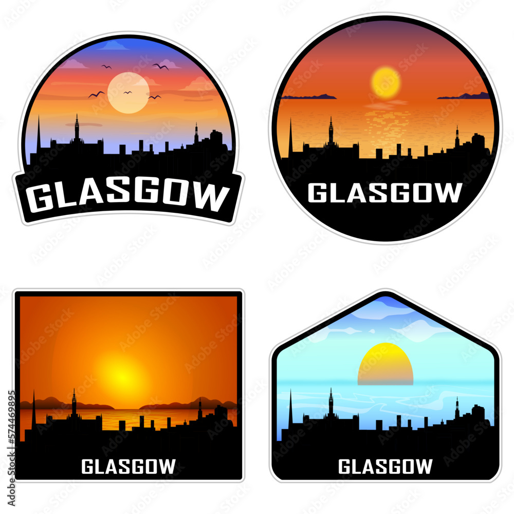 Glasgow Scotland Skyline Silhouette Retro Vintage Sunset Glasgow Lover Travel Souvenir Sticker Vector Illustration SVG EPS AI