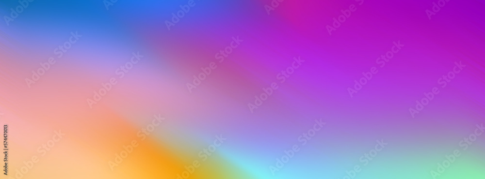 Bright gradient background in multi-colored spots. Banner, lilac, blue, orange, green. Blurred abstract clouds