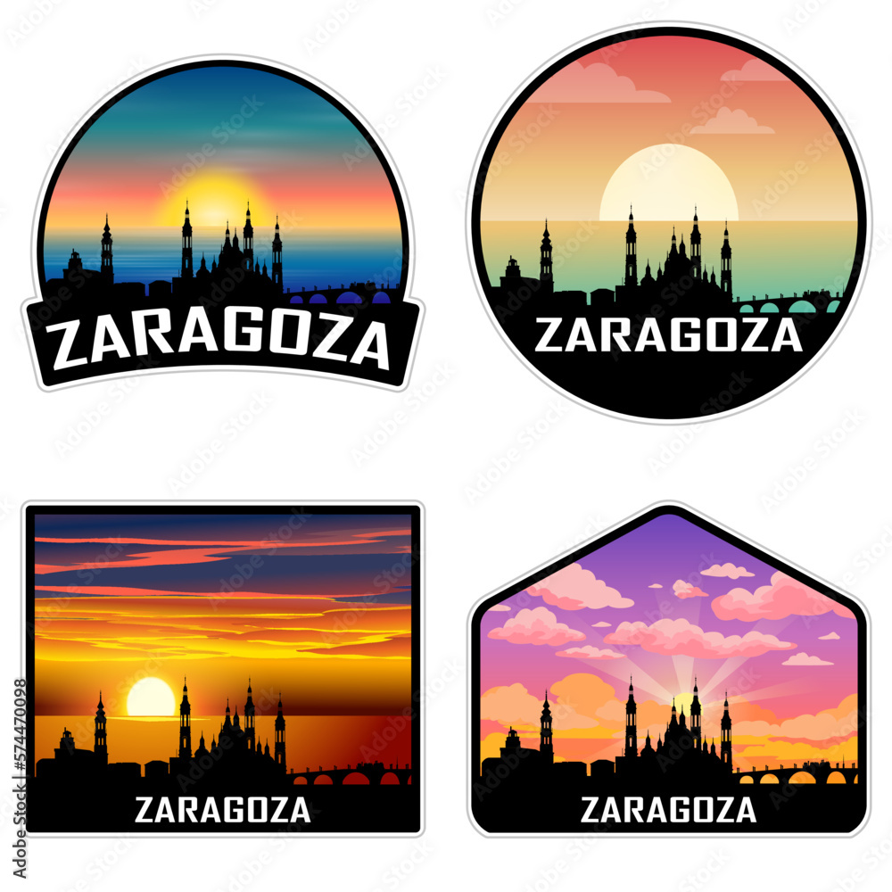 Zaragoza Spain Skyline Silhouette Retro Vintage Sunset Zaragoza Lover Travel Souvenir Sticker Vector Illustration SVG EPS AI