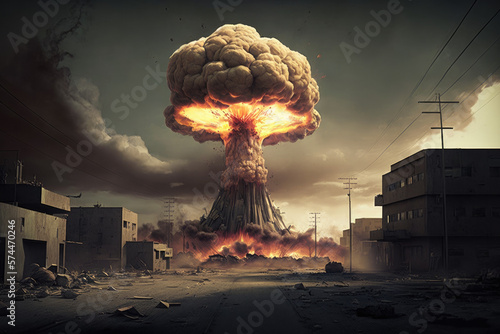 Nuclear bomb explosion and destruction created with generative ai photo