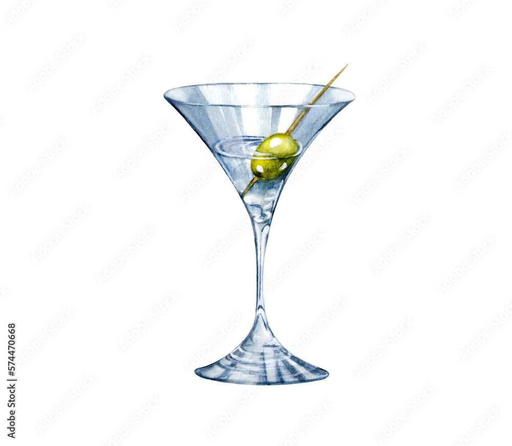 Watercolor illustration of a martini glass with an olive on a skewer. Alcoholic drink. Isolated on white background for menu design in a restaurant, cafe, product.