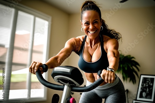 Beautiful sexy fit healthy athletic senior woman exercising in gym with large smile dark long hair big boobs, busty mature lady wearing sexy outfit, leggings and sports bra, made with AI Generative