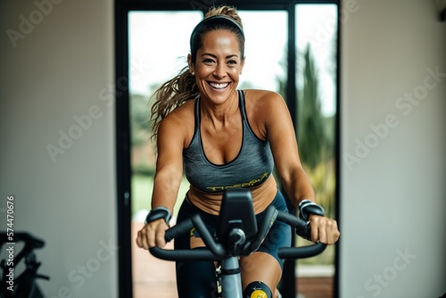 Tableau sur toile Pretty mature active fit smiling hispanic woman on a bicycle in gym or at home,