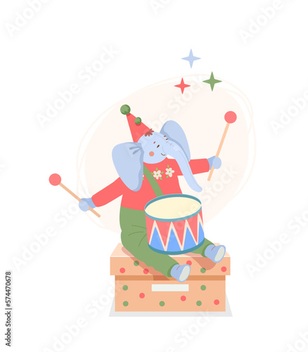 Funny plush blue baby elephant in party hat with pom-poms sits on gift box with polka dots and drums on drum with drumsticks. Vector children's illustration in cartoon style.