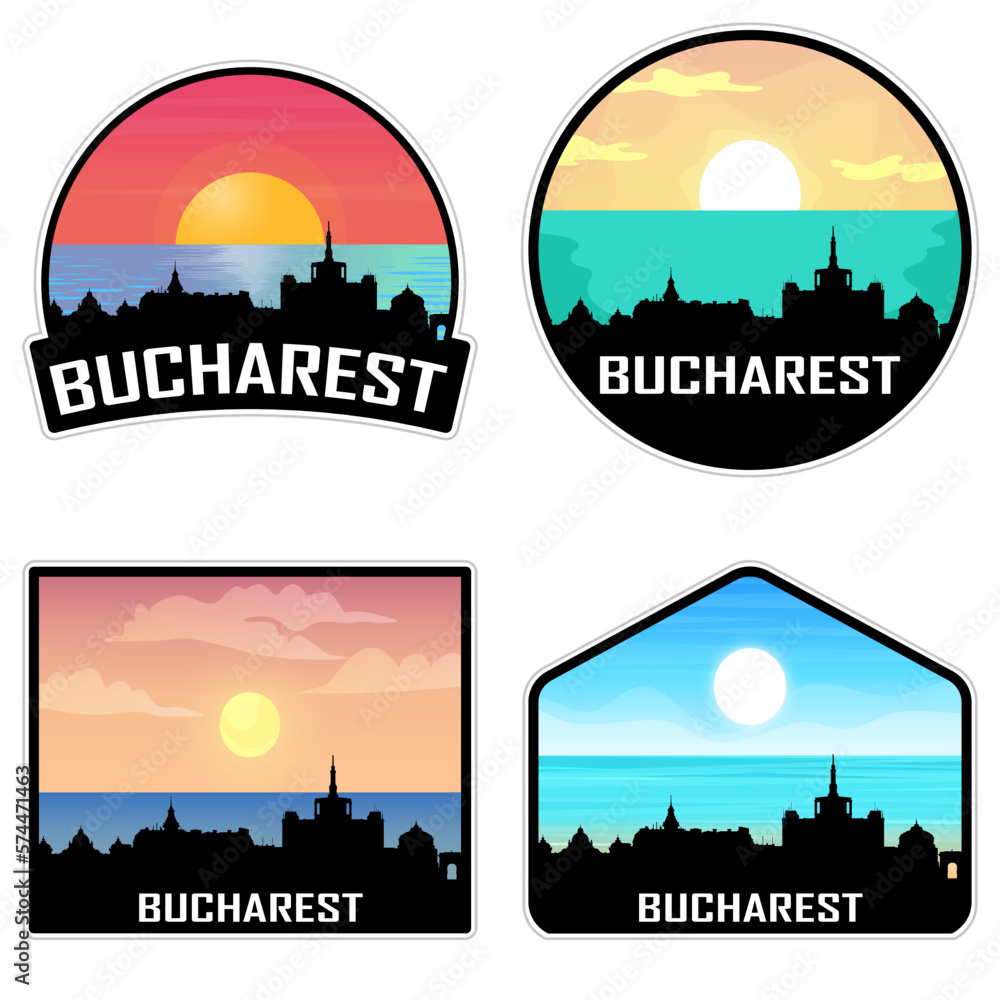 Bucharest Romania Skyline Silhouette Retro Vintage Sunset Bucharest Lover Travel Souvenir Sticker Vector Illustration SVG EPS AI
