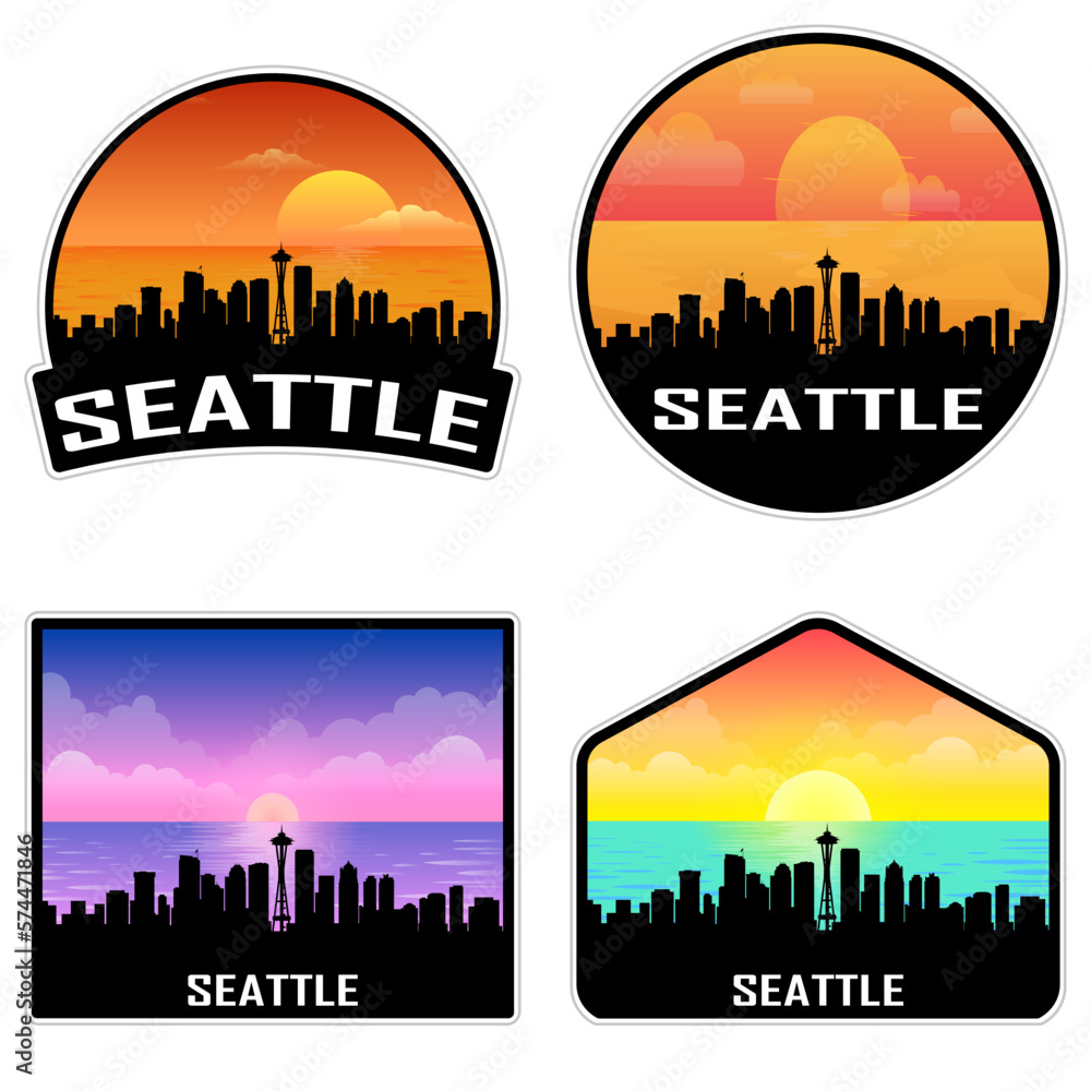 Seattle Washington USA Skyline Silhouette Retro Vintage Sunset Seattle Lover Travel Souvenir Sticker Vector Illustration SVG EPS AI