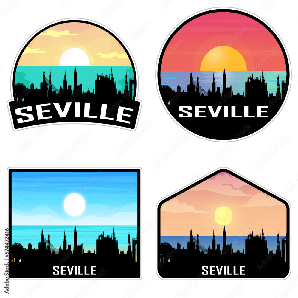 Seville Spain Skyline Silhouette Retro Vintage Sunset Seville Lover Travel Souvenir Sticker Vector Illustration SVG EPS AI