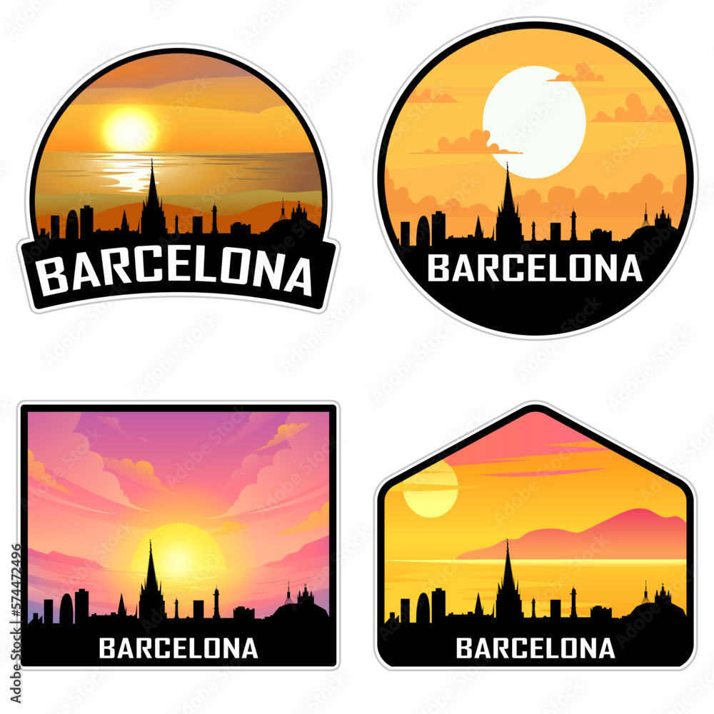 Barcelona Spain Skyline Silhouette Retro Vintage Sunset Barcelona Lover Travel Souvenir Sticker Vector Illustration SVG EPS AI