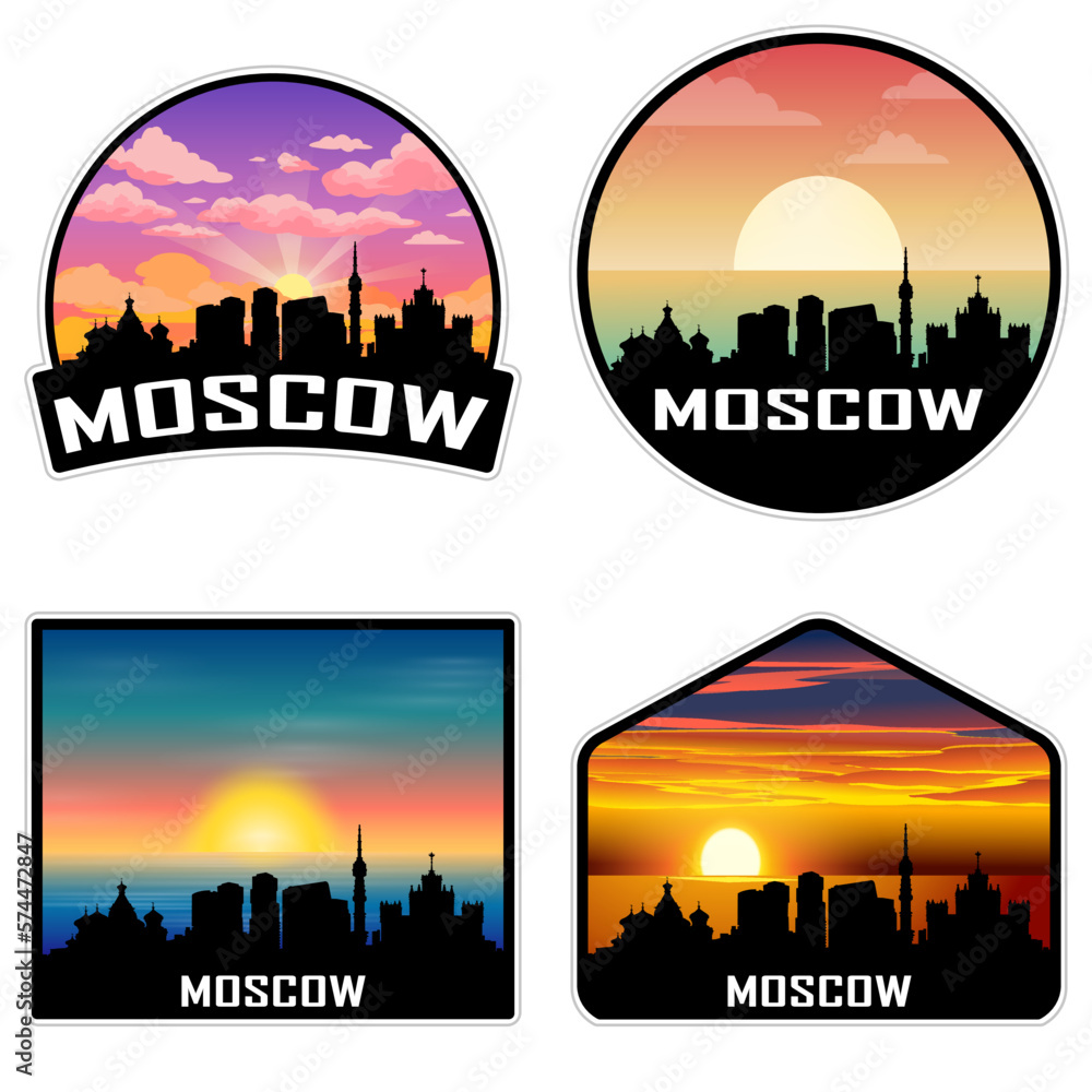 Moscow Russia Skyline Silhouette Retro Vintage Sunset Moscow Lover Travel Souvenir Sticker Vector Illustration SVG EPS AI