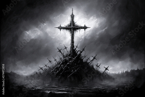 Papier peint Large cross with smaller crosses, horror, black and white