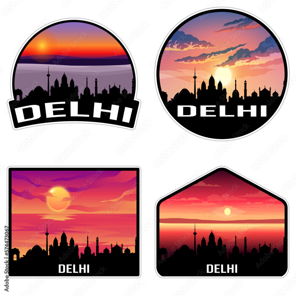 Delhi India Skyline Silhouette Retro Vintage Sunset Delhi Lover Travel Souvenir Sticker Vector Illustration SVG EPS AI