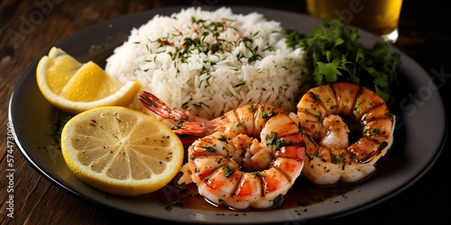 plate of fresh grilled pink shrimp garnished with lemon and herbs and served with side of rice, concept of Fresh and Healthy, created with Generative AI technology