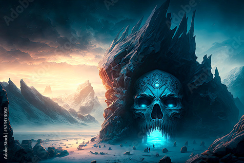 Skull entrance in ice hell landscape. Generative AI