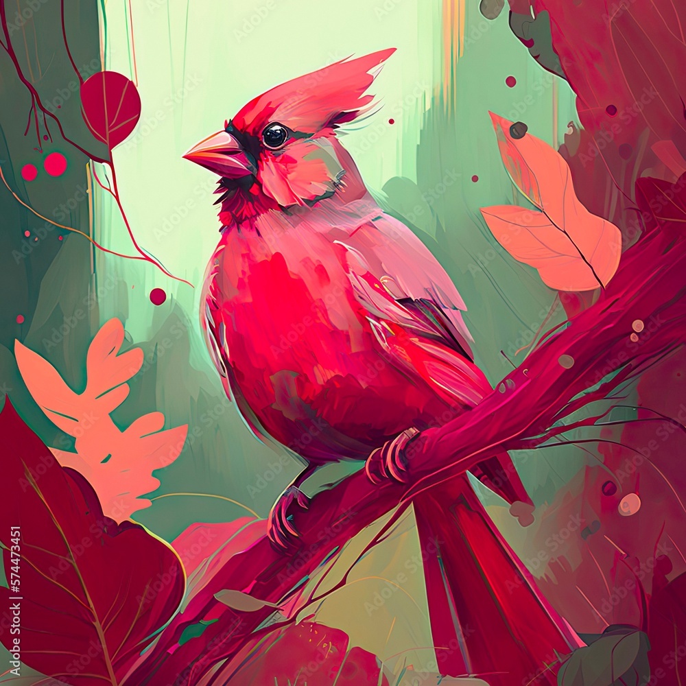 Abstract painting of beautiful male red cardinal in garden. Virginian cardinal on the branch