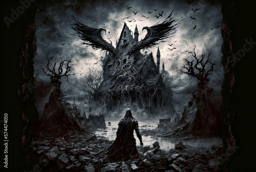 Fotografie Horror landscape, house with wings, black and white